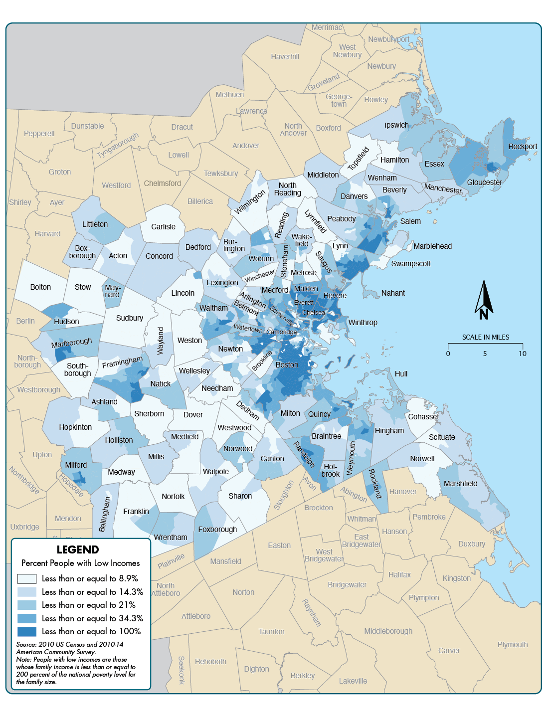 Figure 6-2 is a map showing the percent of the population that identifies as low income across the 97 communities in the Boston region.